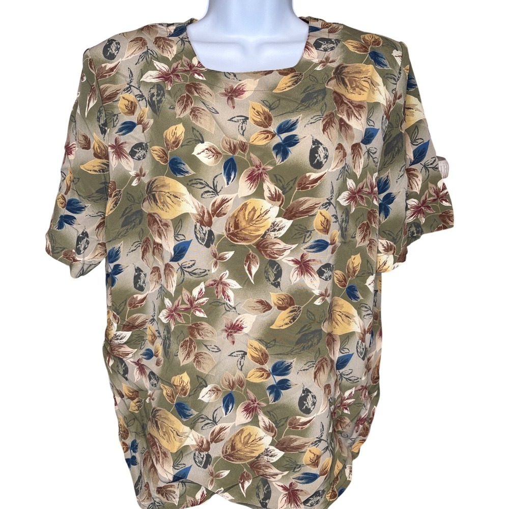 Vintage Kathy Lee Women Green Floral Leaf Short Sleeve Blouse‎ Sz L Silky 90s